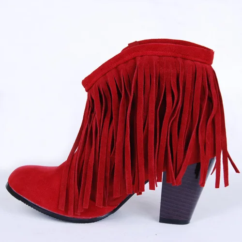 

Women Fringed High Heel Boots Japanese Style Retro Sanded Round Head Autumn Winter Warm Shoes Pure Color Temperament Suede Boots