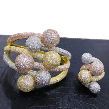 

GODKI Luxury 3 Tone Ball Winding African Nigerian Bangle Ring Sets Indian Jewelry Set For Women Wedding brincos para as mulheres