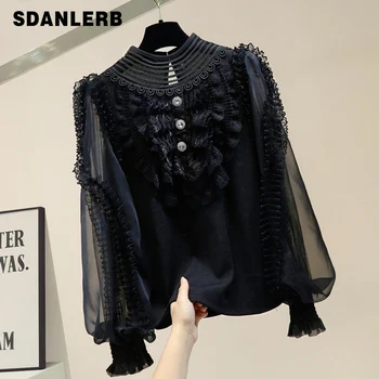 

Retro Palace Style Ruffle Shirt Women Lace Panel Knit Lantern Sleeves Elastic Knitted Blouse Female Temperament Top Tops