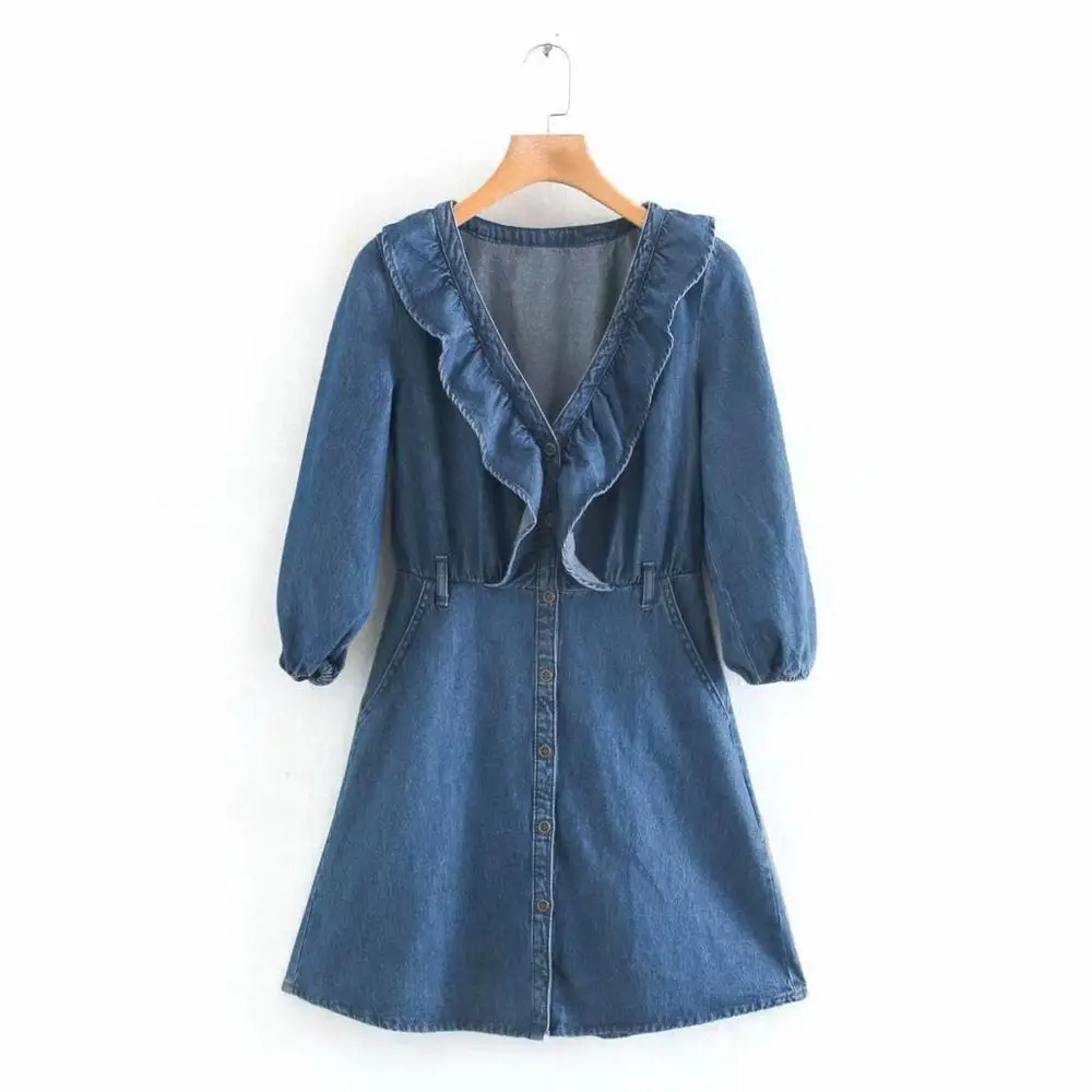 2020 Women Vintage V Neck Ruffles Denim mini Dress Retro Three Quarter Sleeve vestidos femme casual slim Jeans dresses DS3610 2020 Women Vintage V Neck Ruffles Denim mini Dress Retro Three Quarter Sleeve vestidos femme casual slim Jeans dresses DS3610