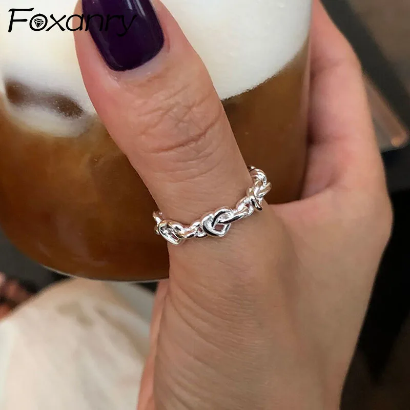 Silver Ring Finger Ring FOXANRY Silver Color Rings For Women Trendy Elegant Creative Weave Texture LOVE Heart Girl Party Jewelry Birthday Gifts