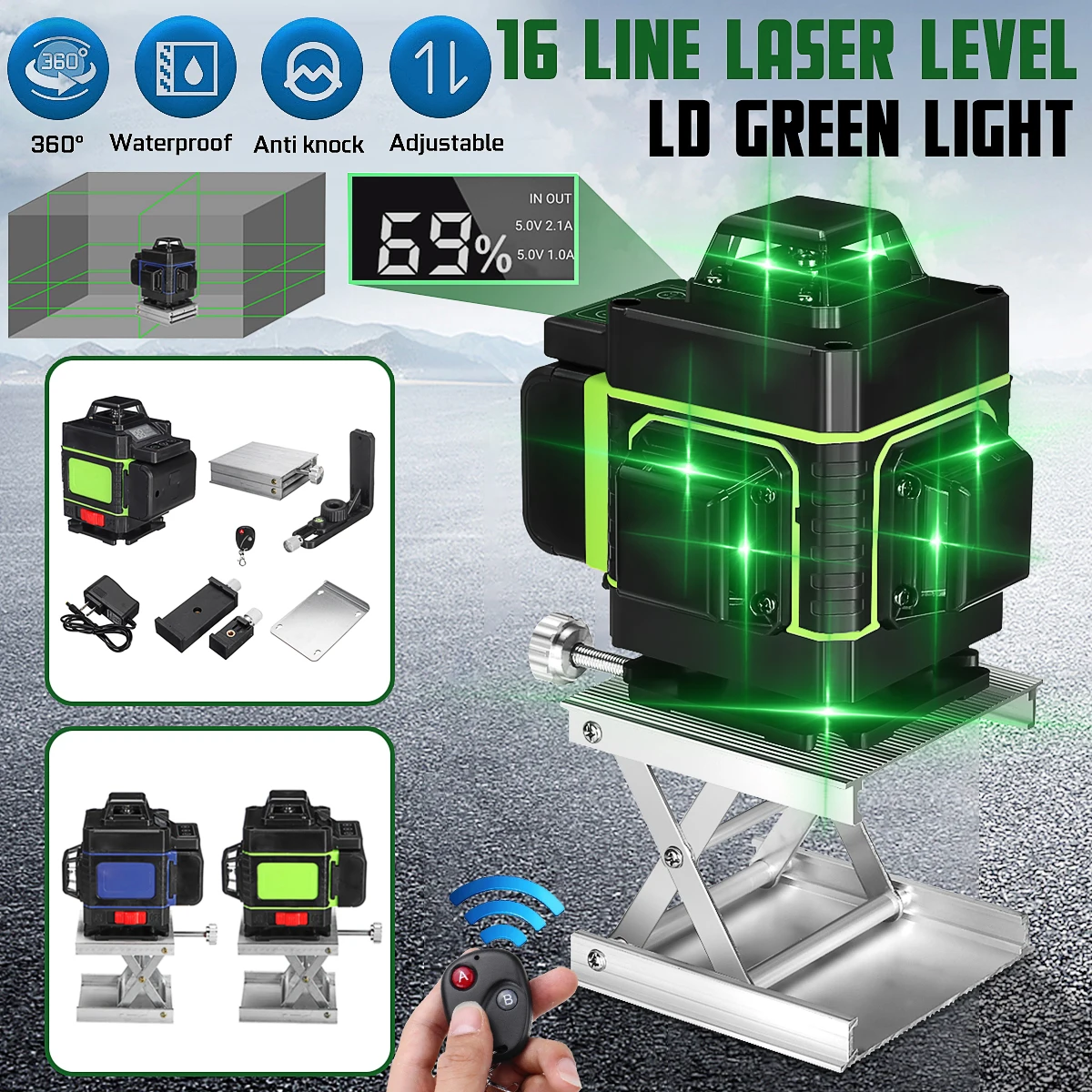 Skup Poziom lasera 16 linii 3D samopoziomujący 360 poziome i pionowe krzyż Super mocny zielony laser wiązka laserowa