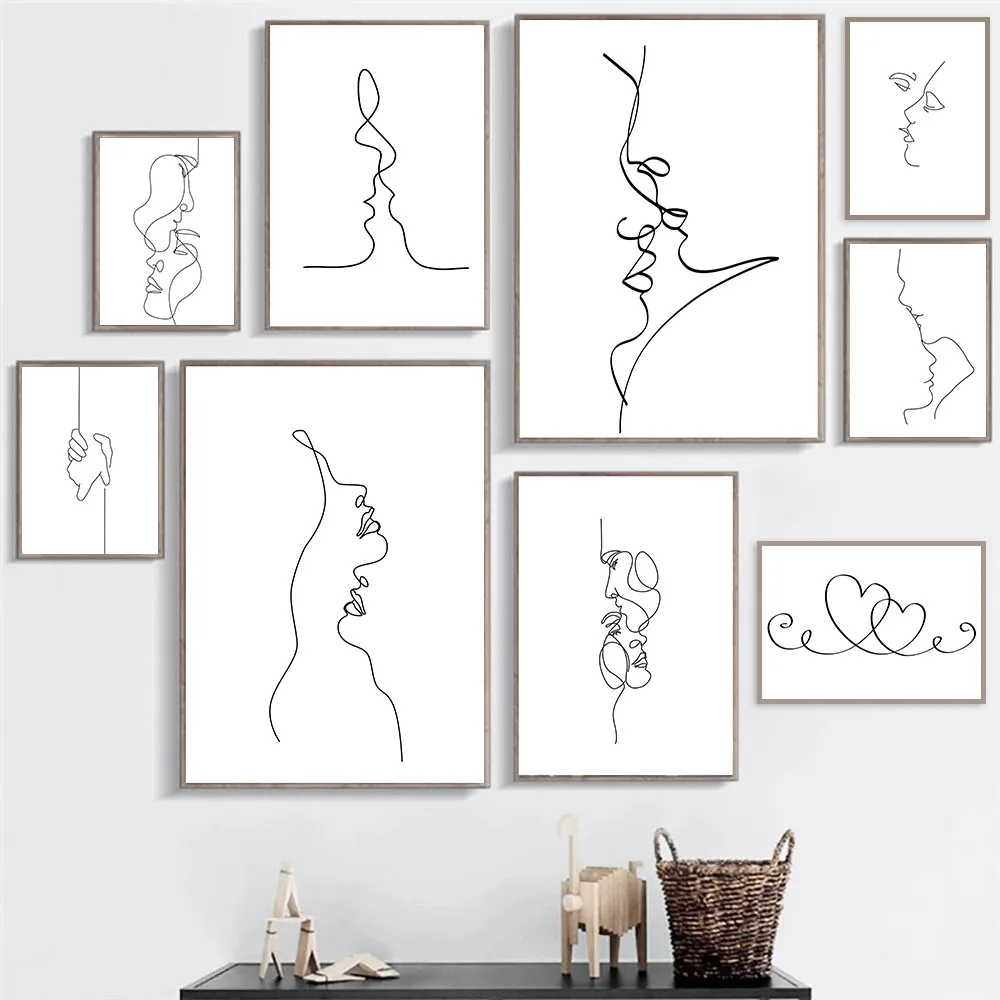 Arte de parede personalizada desenho casal beijo pôster abstrato impressão  em tela preto branco simples pintura decorativa decoração de casa moderna  30x40x6 sem moldura