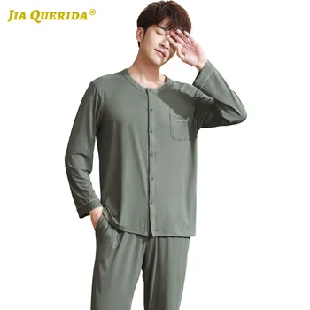 

Front Pocket Pajamas Set Homesuit Homeclothes Sleepwear Casual Style Fashion Style Long Sleeve Long Pants Crew Neck Man Modal