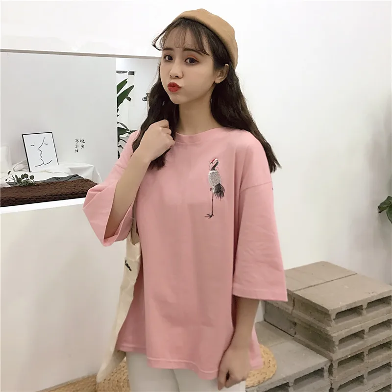 

Minuoyi Cotton T-shirt Women Half-sleeved Student Preppy Style Loose Summer Short-sleeved O-Neck Casual Tops Animal Embroidered