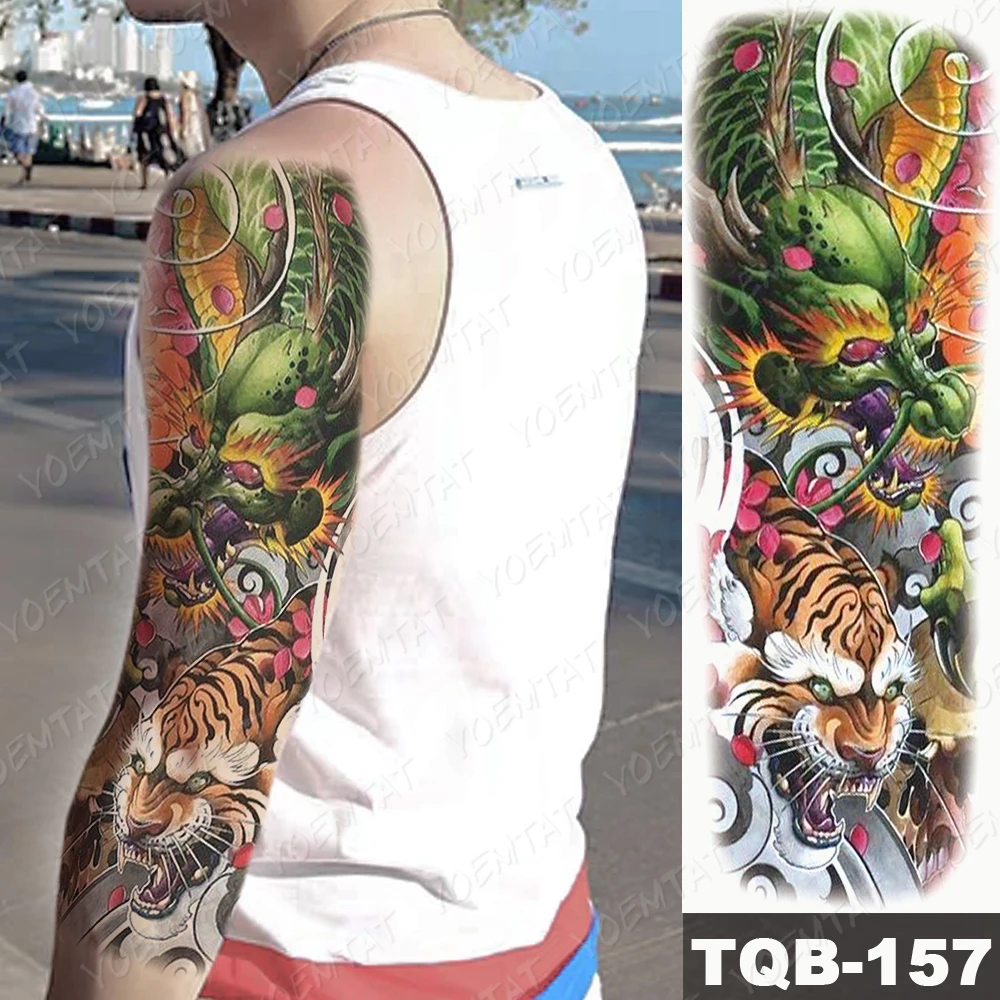 Large Arm Sleeve Tattoo Japanese Prajna Carp Dragon Waterproof Temporary Tatto Sticker God Body Art Full Fake Tatoo Women Men