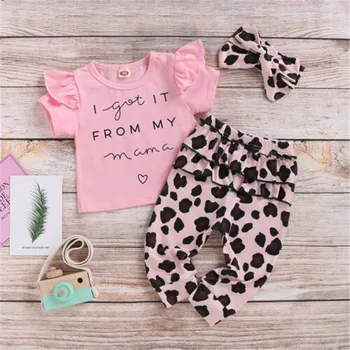 

Free shipping Valentine's Day Toddler kids Baby Girl clothes leopard print Trousers bow Headband letter print pullover Tops 3PCS