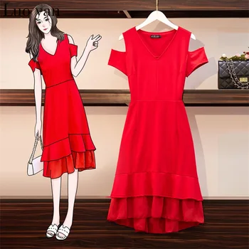 

Summer Korean L-4XL Plus Size Chic Strapless Solid Midi Dress Elegant V-Neck Short Sleeve Loose Ladies Ruffles Dresses Vestidos