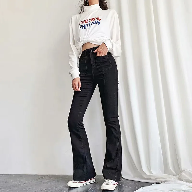 Spring Autumn winter new European and American style high waist stretch horn jeans women, Slim long legs solid color jeans women madewell jeans