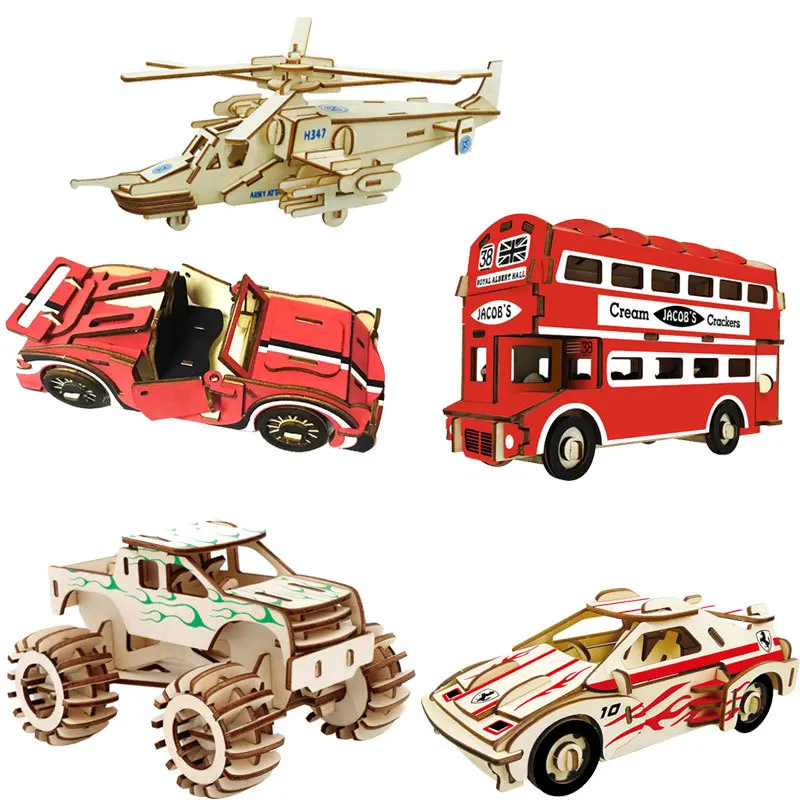 Wooden 3d three-dimensional puzzle AK47 boy educational toys children hand-assembled model car double-decker bus