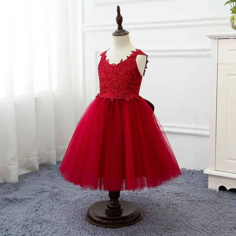 

2020 Real Photo Red Tulle Lace Applique Custom Made Scoop Bow Little Lovely Flower Girl Dresses