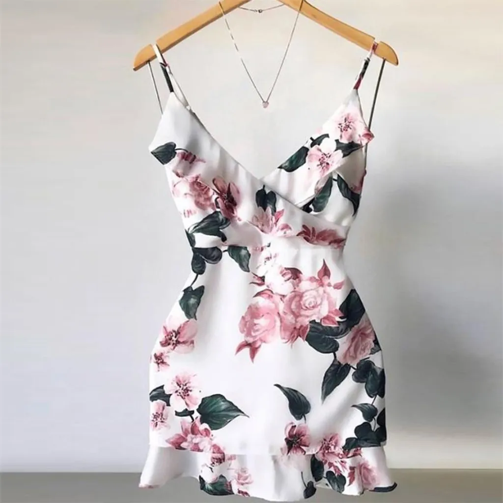 Одежда, летние платья, сексуальное женское мини-платье на бретелях с цветочным принтом, женские летние пляжные вечерние мини-платья vestidos