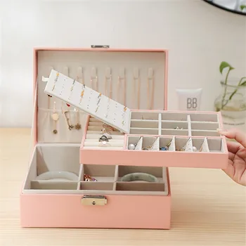

Leather Lock Jewelry Box Beautiful Ring Earrings Organizer Ear Studs Jewelry Display Stand Holder Rack Showcase Plate Fashion