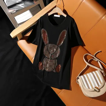 

Women Fashion Diamond Short Sleeve T-Shirt Summer Black Personality Loose T Shirts Female Korean Plus Size Tops & Tees TX161