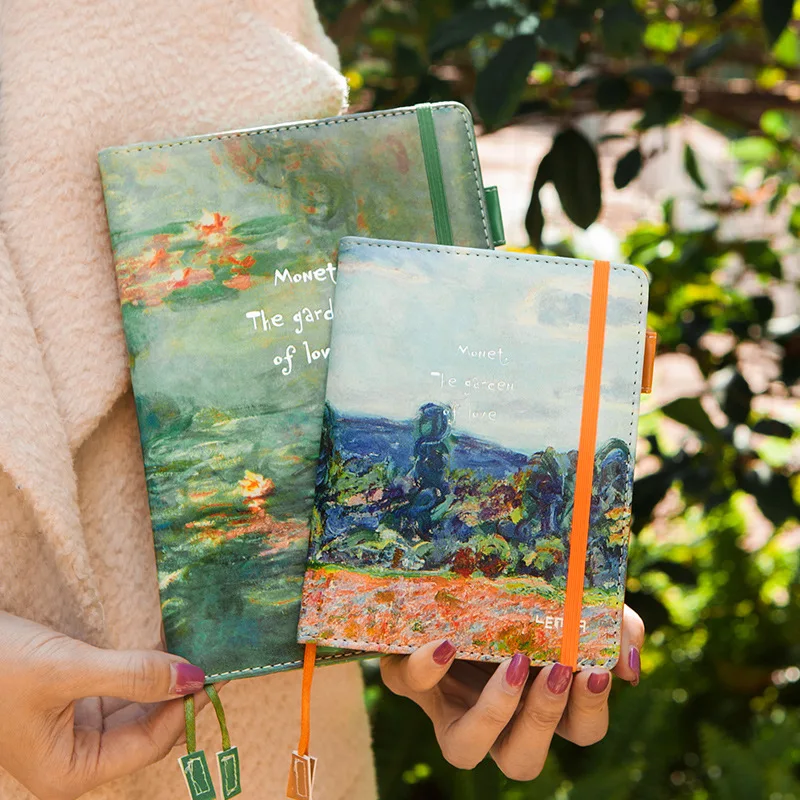 

A6 Notebook Agenda Planner Starry Monet pattern A6 Small diary grid/blank/month plan Daily&Monthly plan Soft leather 160pages