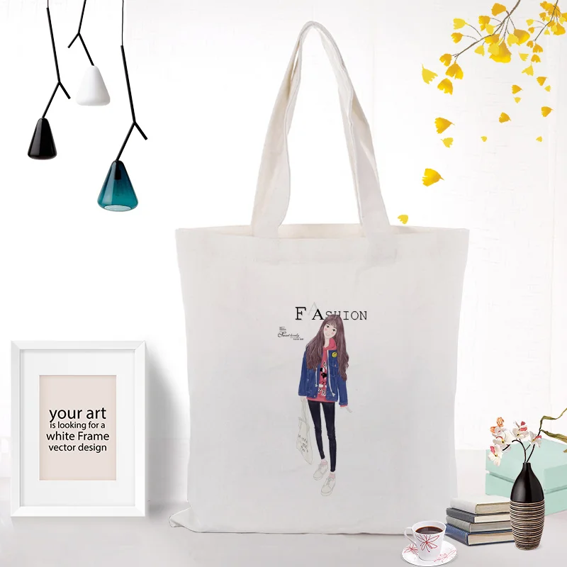 Иллюстрация девушка вместительная сумка для покупок сумка на заказ Печать текстовый логотип DIY ежедневное использование холст эко экологическая многоразовая утилизация сумочка