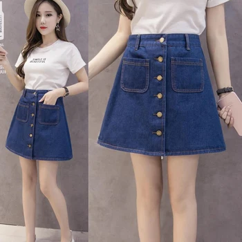 

Women Summer A-line Jeans Skirt High Waist Button Mini Denim Half body Skirt Casual Short Skirts H9