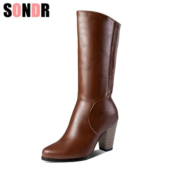 

New Autumn Winter Mid-calf Women Boots Heels Warm Plush PU Leather Boots High Quality Knee High Boots size 34-43