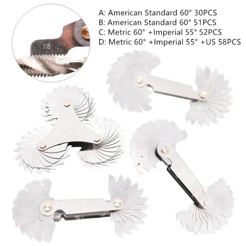 

30/51/52/58PCS 60/55Â° Thread Measuring Gage Gauge Stainless Steel Metric Imperial US Screw Pitch Thread Plug Gage