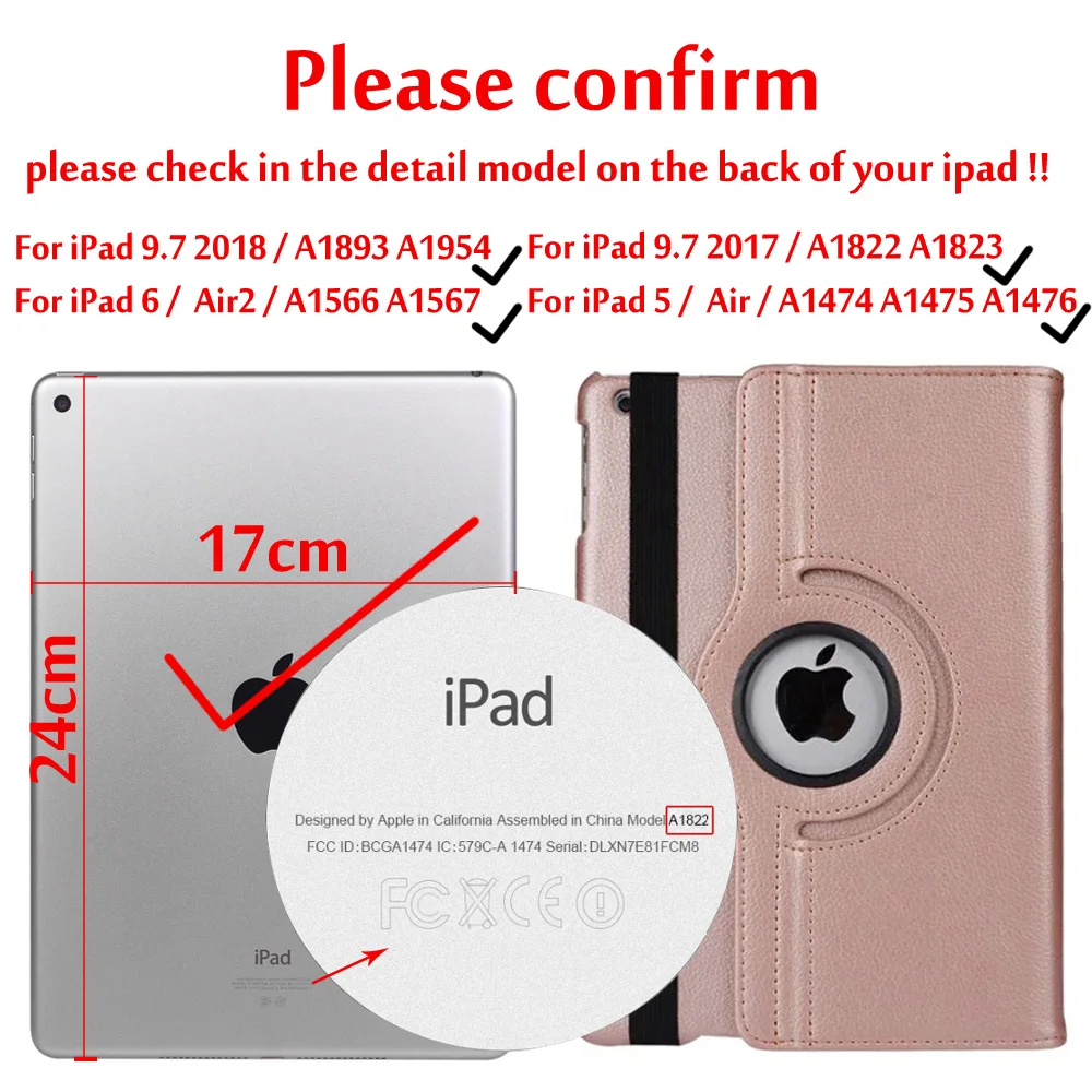 Для iPad 5/6/Air 2 чехол s Чехол для iPad 9,7 360 Вращающийся умный Авто Режим сна/Пробуждение чехол для iPad 5th 6th - Цвет: Rose Gold