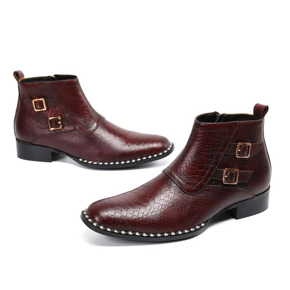 Autumn Winter Leather Chelsea Boots Men High Top Shoes British Classic Ankle Boots Wine Red Crocodile Leather Short Boots