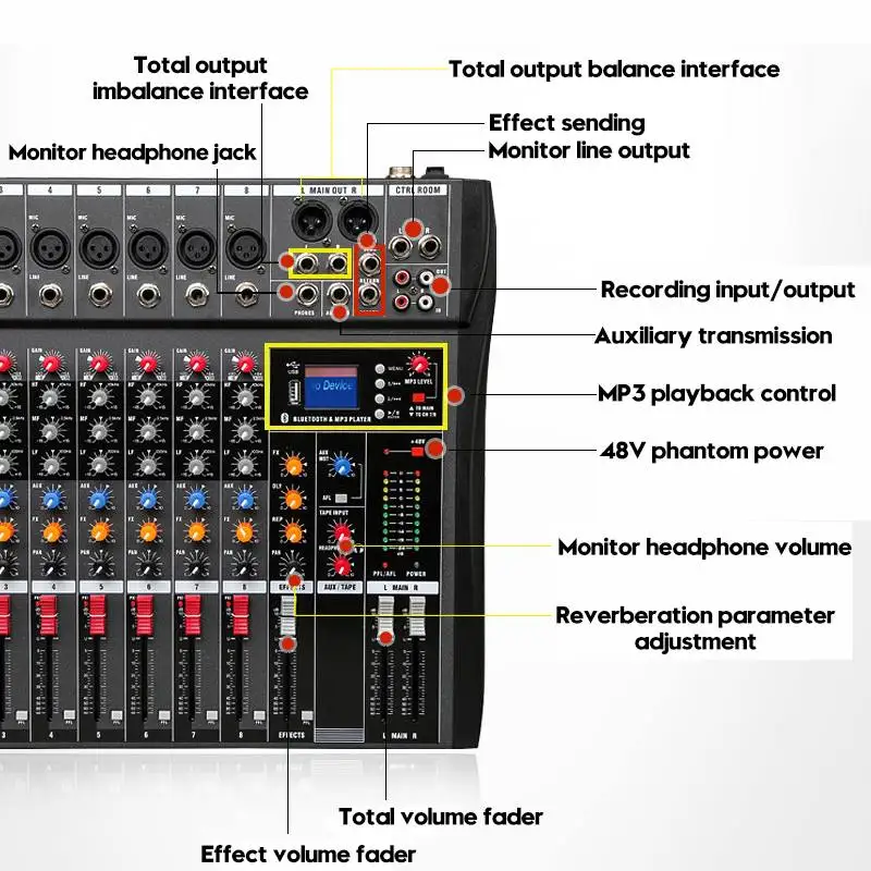 LOERY 8 канальный микшерный пульт bluetooth USB Запись воспроизведения компьютера фантомный эффект питания 8 каналов USB аудио микшер