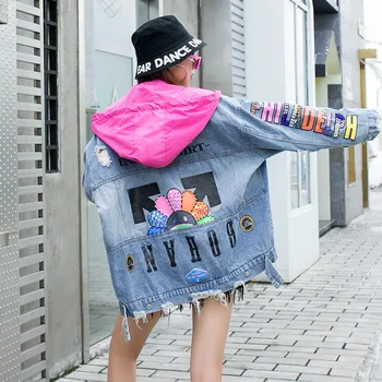 

Women's personality denim jacket 2019 autumn new hit color detachable cap hole letter beaded loose denim jacket female