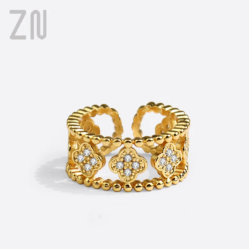 ZN Vintage Simple Inlay Zircon Four Leaf Clover Finger Rings Elegant Ladies Creative Accessories Fashion Jewelry Romantic Gifts