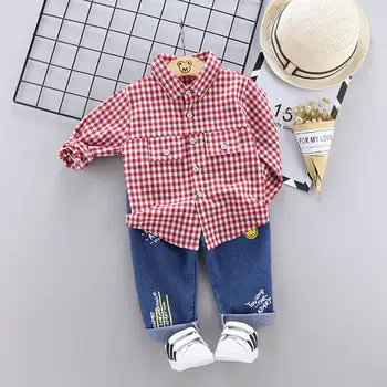 

NEW Autumn Fashion Children Cartoon Cotton Clothes Baby Kids Lapel Plaid Shirt Pants 2 Pcs/sets Toddler Clothing Boy Suits Set