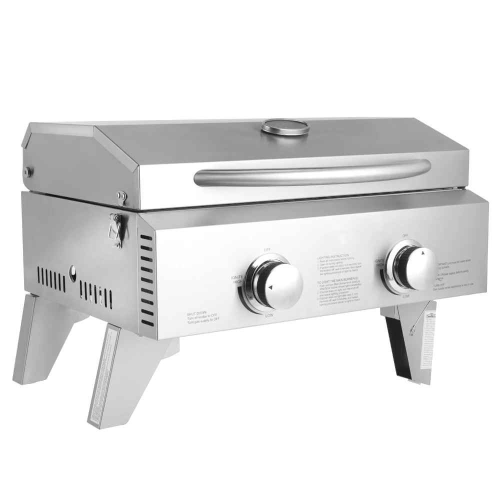 

Tabletop Stainless Steel 2-Burner Gas Grill Portable 2000 BTU BBQ Grid with Foldable Legs for Outdoor Camping Picnic