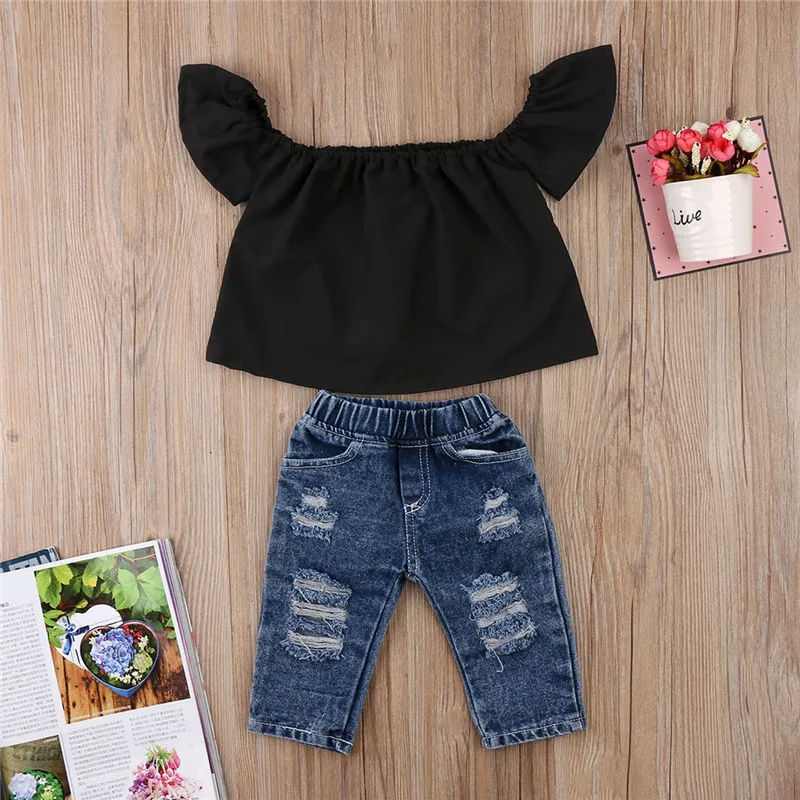 Pudcoco/комплект из 2 предметов; одежда для маленьких девочек; повседневные топы с открытыми плечами; джинсовые штаны; комплект одежды; От 6 месяцев до 4 лет; Helen115