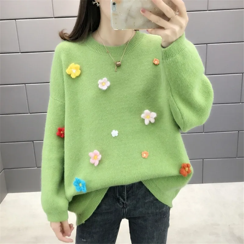 Plus Size Fall Winter Knitwear Women Fashion Korean Knitted Shirt Loose Pullover Sweater Wild 3D Flower Casual Blouse Tops f2796 | Женская
