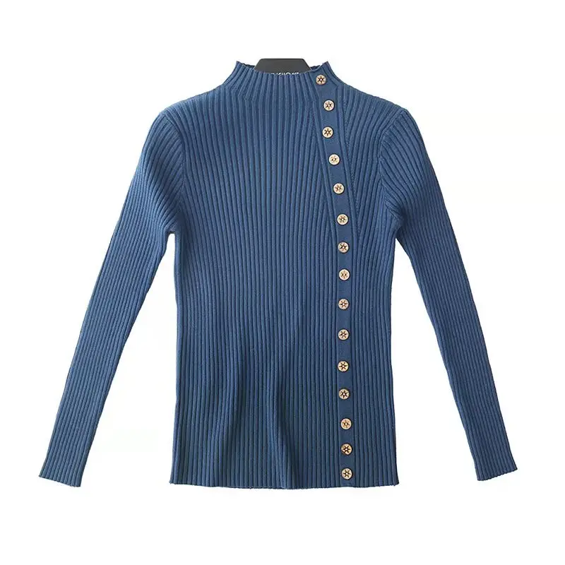 New Fashion Button Turtleneck Sweater Women Spring Autumn Solid Knitted Pullover Slim Soft Jumper Female Knit Tops | Женская одежда