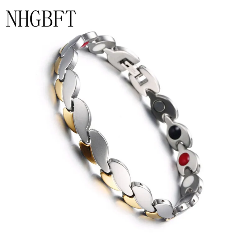

NHGBFT Stainless Steel Leaf Energy Bracelet Bangle For Men Women Healthcare Anion Heart Shaped Steel Quantum Bracelet