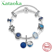 Горячая 925 пробы, Серебряный циркониевый Шарм, Голубая Эмаль, ночной Звездный Небесный браслет, женский браслет с бусинами, роскошный браслет-цепочка со змеей, сделай сам