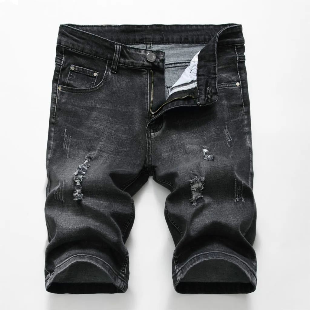 Популярные летние джинсовые шорты, мужские Стрейчевые облегающие шорты, мужские дизайнерские хлопковые повседневные шорты с потертостями, шорты до колен