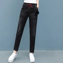 Для женщин Однотонные джинсы осень-зима модные тонкие Однотонные эластичные ботинки со шнуровкой украшения Высокая Талия карманы толстый дикий длинные брюки для девочек