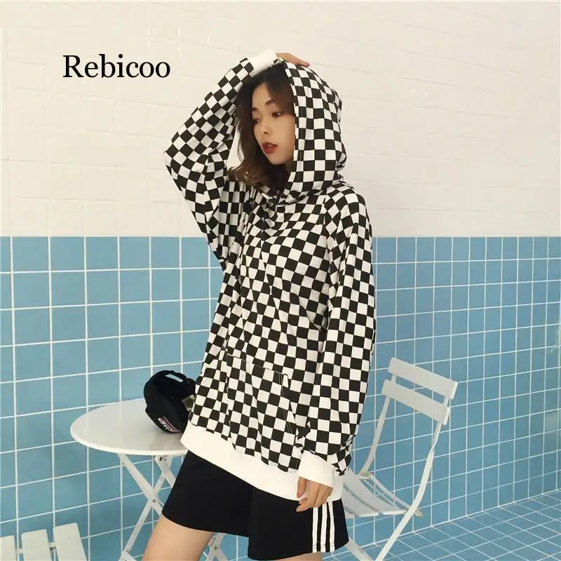 

Женский свитшот в клетку Rebicoo, черно-белый Свободный свитшот с длинным рукавом и капюшоном, худи в шахматную клетку, уличная одежда на весну и осень