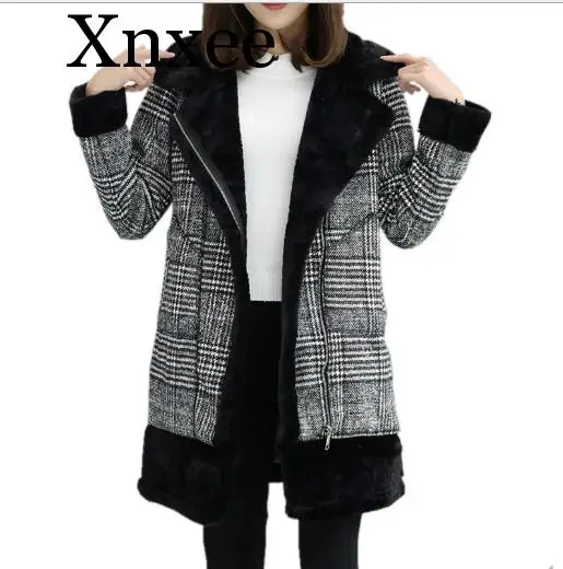 ##BUY Plaid Woolen Coat Women Winter Thicken Fleece Overcoat Korean Fashion Fake Fur Warm School Street Girl Casual Black Outerwear
