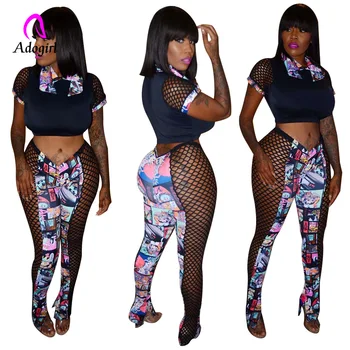 

Black 2020 New Summer Character Print Side Mesh Stitching See-though Patchwork Tee Top &pants Suit Sexy Two Piece Set Outfits