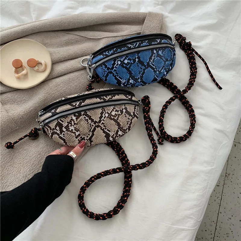 

2019 Autumn & Winter New Style WOMEN'S Bag Snakeskin Print Chest Pack Europe And America Oblique Bag Weaving Strap Fashion Cool