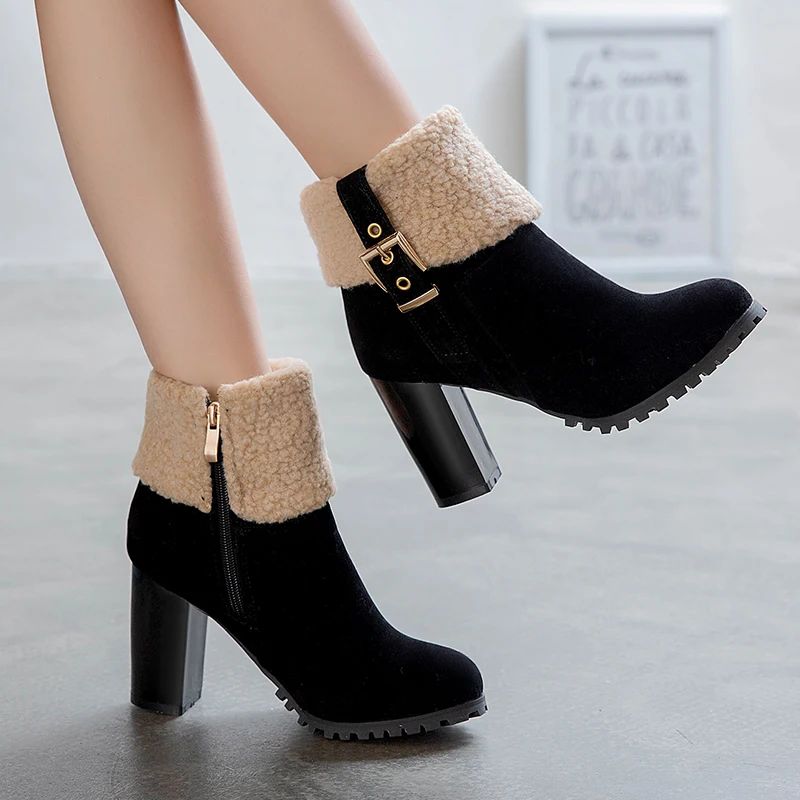 

The New Women's Boots Ladies Winter Round Toe Shoes Flock Warm Slip-On Snow Boots Outdoor PU Leather Short Bootie