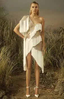 

Top Quality Women Autumn Sexy One Shoulder Tassel String Beads Rayon Bandage Dress 2019 Fashion Lady Designer Club Dress Vestido