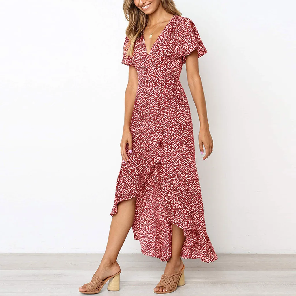 Feitong vestido платье ropa mujer femme модное женское платье с v-образным вырезом и коротким рукавом с цветочным принтом и оборками с открытой вилкой#822