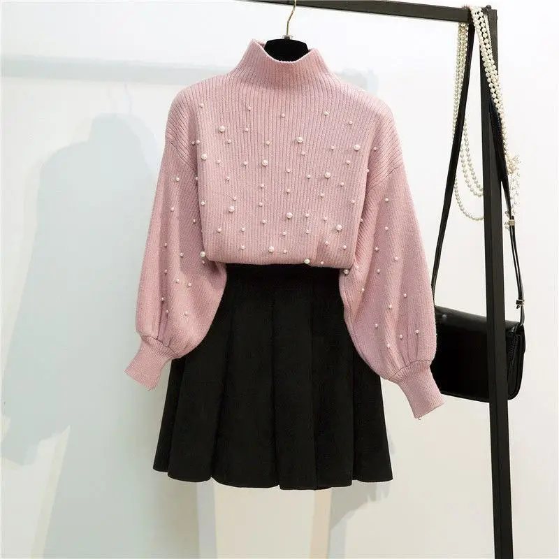 Женский осенне-зимний вязаный пуловер с бисером свитер+ плиссированная мини-юбка из искусственной замши комплект из двух предметов женский тонкий костюм E50 - Цвет: pink
