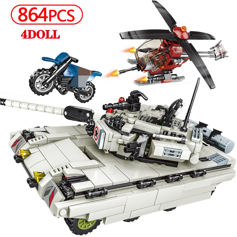 

864PCS Police Intercontinental Tank Helicopter Building Blocks Legoingly Tank WW2 Soldier Figures Army Bricks Toys For Boys