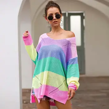 

2019 Winter Striped Sweater Women Sexy Long Sweater Women Knitted Sweaters Ladies Loose Pullovers Rainbow Off Shoulder Sweater