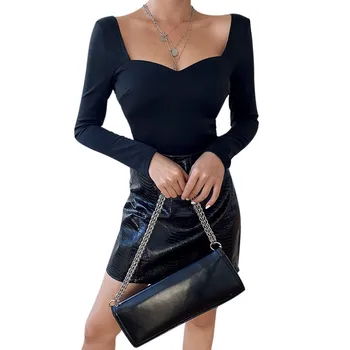 

Sexy Long Sleeve Bodysuit for Woman Spring Autumn 2020 Square Collar Solid Black Sheath Bodysuit Overalls Women Clothing