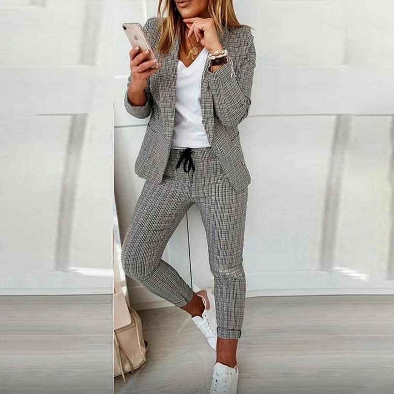 2021 New Spring and Autumn Fashion 2 Piece Set Pink Plaid Formal Pant Suits Blazer Office Lady Designs Women Jacket and Trousers 6