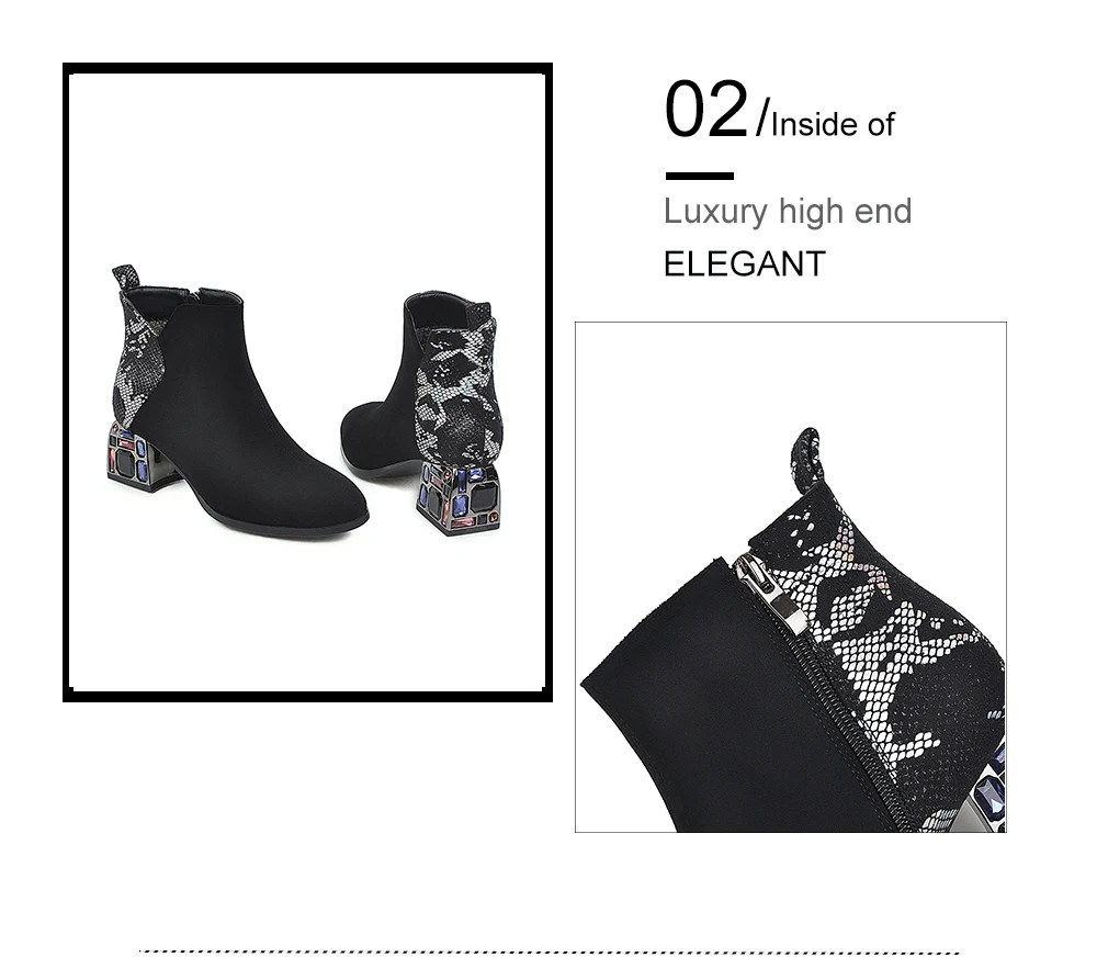 BESCONE Stylish Women Mid-Calf Boots Winter Handmade Snake Pattern Zip Square Heel Shoes Microfiber Round Toe Lady Boots BM307